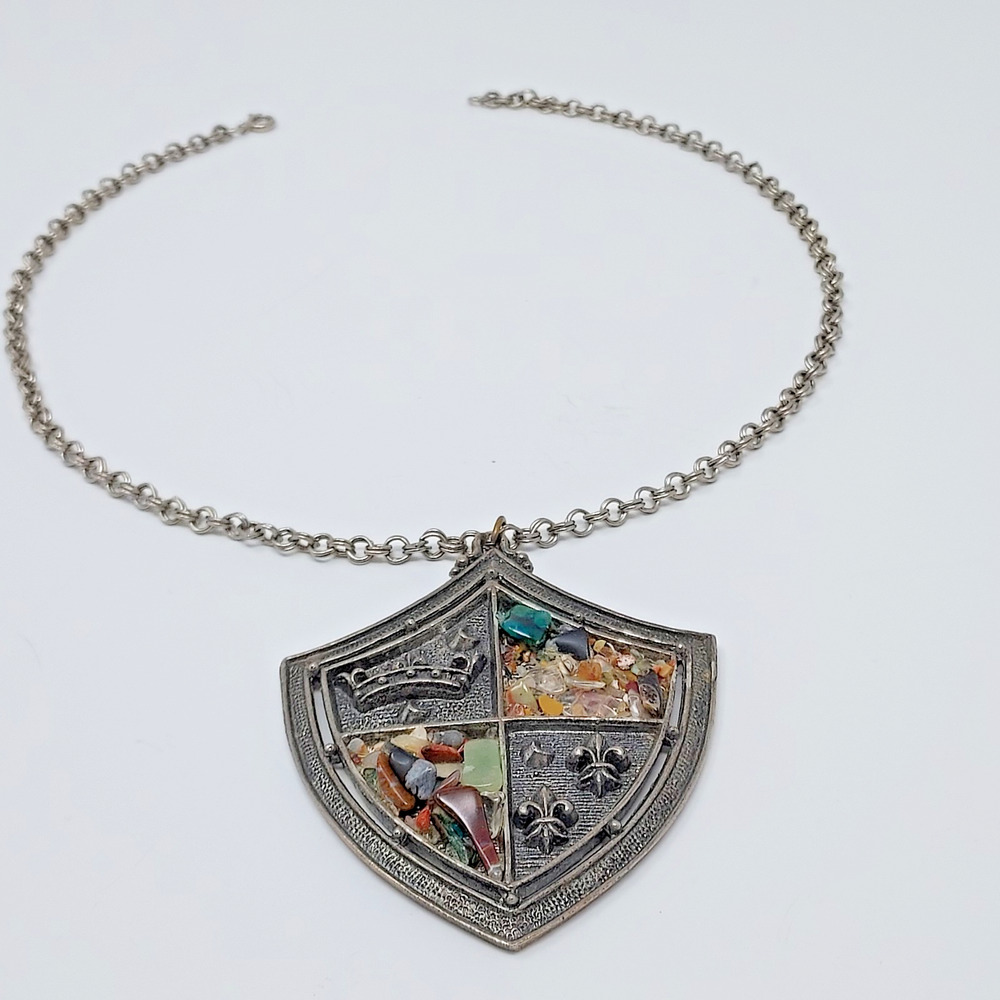 Vintage Heraldic Crest Pendant Necklace Gemstones Fleurs de Lis Aged Silver Tone